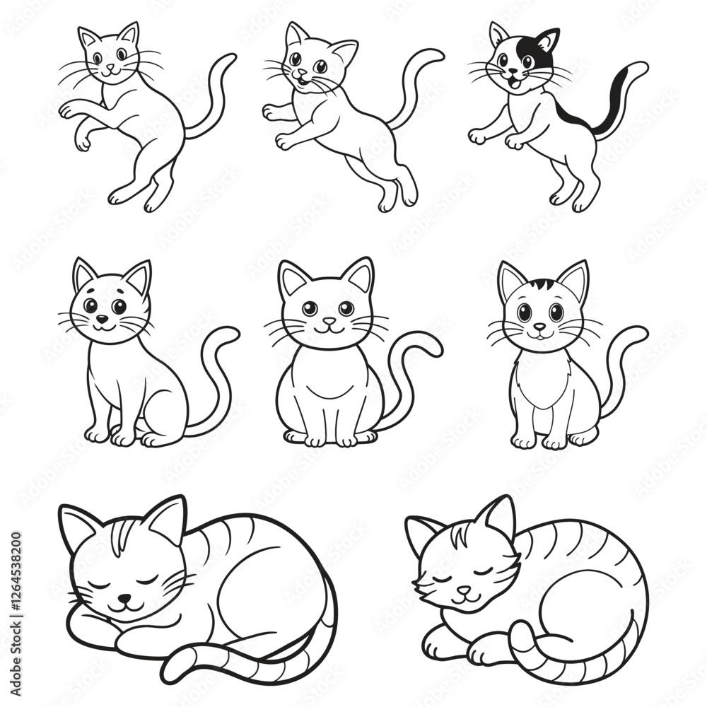 Hand drawn cute cats outline vector illustration set Hand drawn cute cats outline vector illustration set