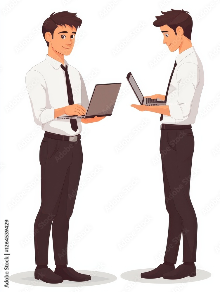 Young businessman working on a loptop. Confident businessman standing with a laptop in hands. Smiling businessman using a loptop. Set of vector flat design illustrations isolated on white background. Young businessman working on a loptop. Confident businessman standing with a laptop in hands. Smiling businessman using a loptop. Set of vector flat design illustrations isolated on white background.