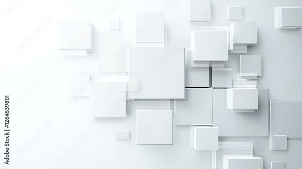 Modern 3D white geometric pattern with overlapping squares creating a minimalist abstract design on a light background. Modern 3D white geometric pattern with overlapping squares creating a minimalist abstract design on a light background.