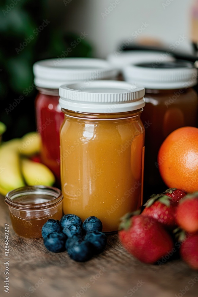 Bright jars filled with colorful juices surrounded by fresh frui Bright jars filled with colorful juices surrounded by fresh frui