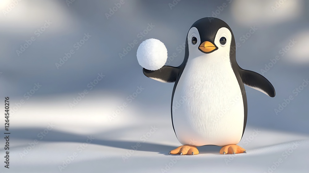 Fototapeta premium Cute cartoon penguin holding a snowball in a snowy landscape during winter season