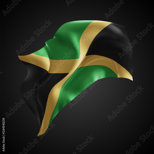 Jamaica, vector 3d flag with waves on a black background