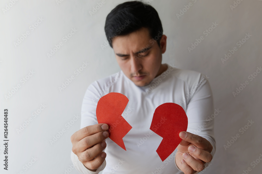 Man holds two broken hearts symbolizing heartbreak and emotional turmoil in a minimalist setting
