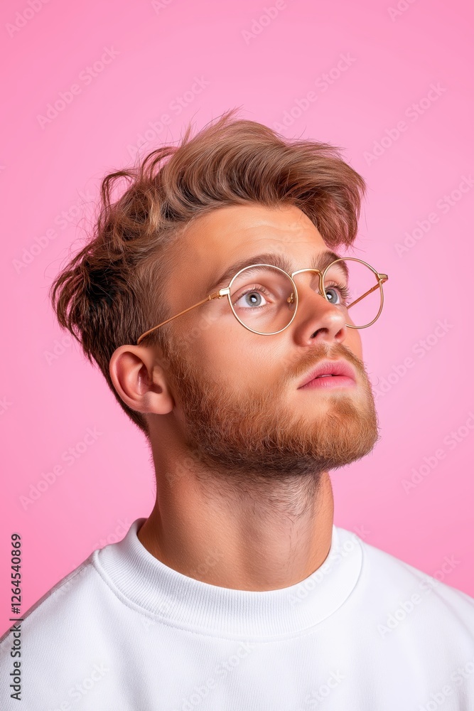 Fototapeta premium Emotional portrait of a man expressing sadness in a studio setting with a clean pink background