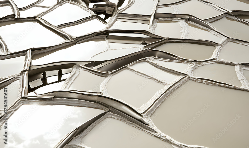 Abstract architectural detail, fragmented metallic structure with off-white textured surfaces, geometric shapes, intricate design, modern building, contemporary architecture, reflected light. Abstract architectural detail, fragmented metallic structure with off-white textured surfaces, geometric shapes, intricate design, modern building, contemporary architecture, reflected light.