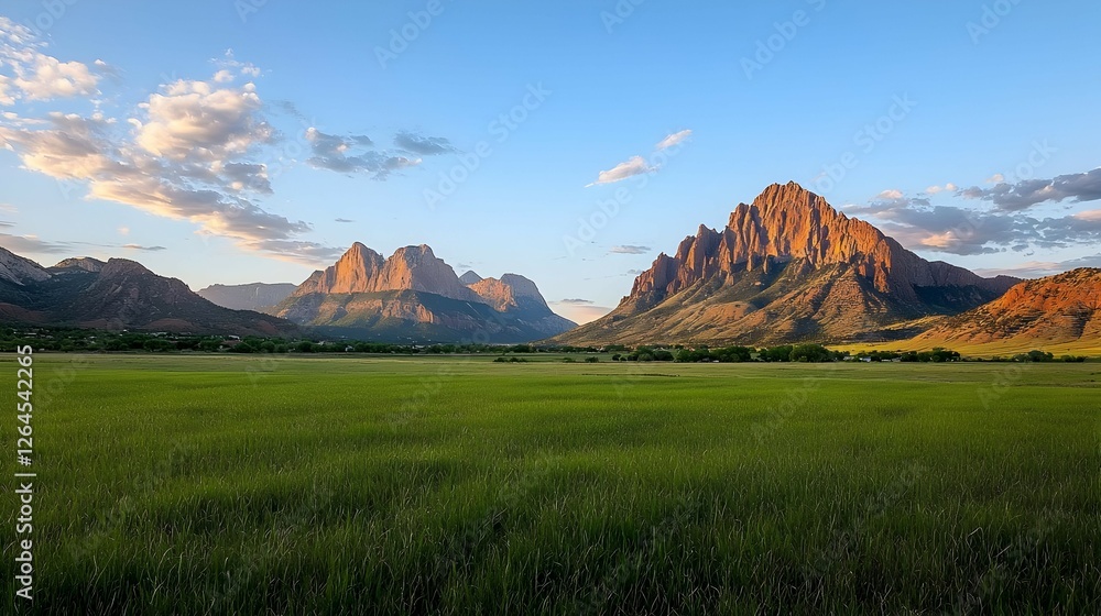Green Meadow With Red Rock Mountains At Sunset Green Meadow With Red Rock Mountains At Sunset