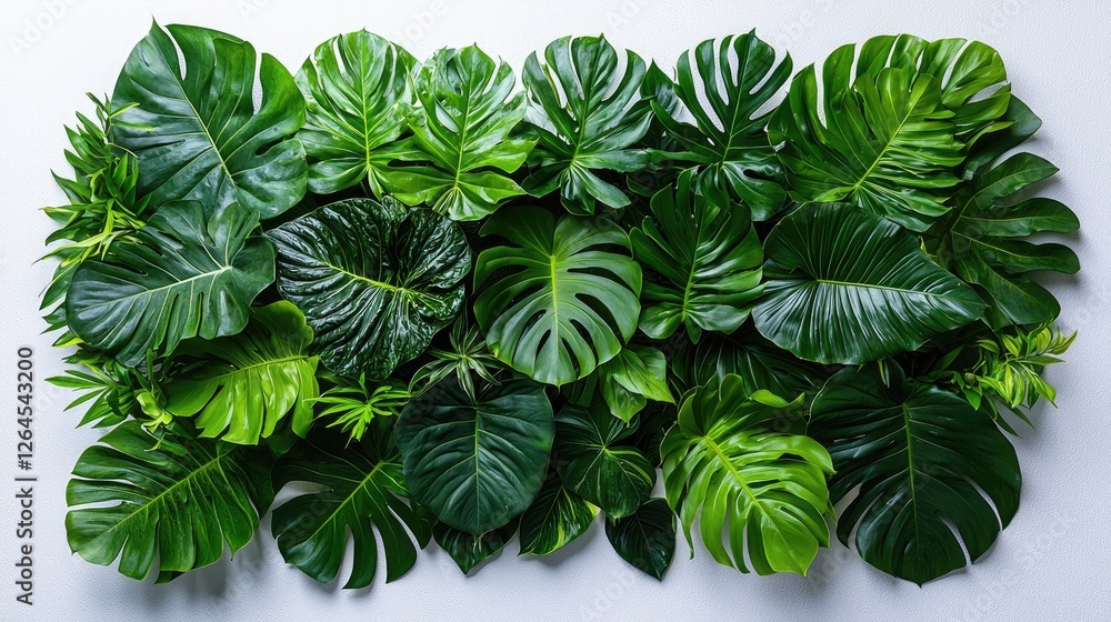 Lush green tropical leaves arranged artistically on a white background, creating a vibrant natural decor Lush green tropical leaves arranged artistically on a white background, creating a vibrant natural decor