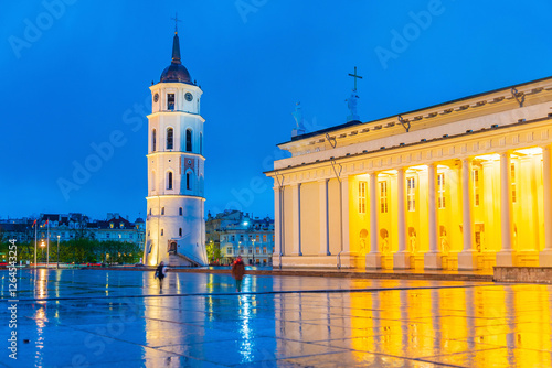 Bell Tower of Vilnius Cathedral with downtown Vilnius city skyline, cityscape of  Lithuania