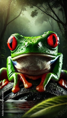 Angry and Furious Green Frog with Red Eyes in Its Natural Habitat – Dramatic Wildlife Portrait with Cinematic Lighting