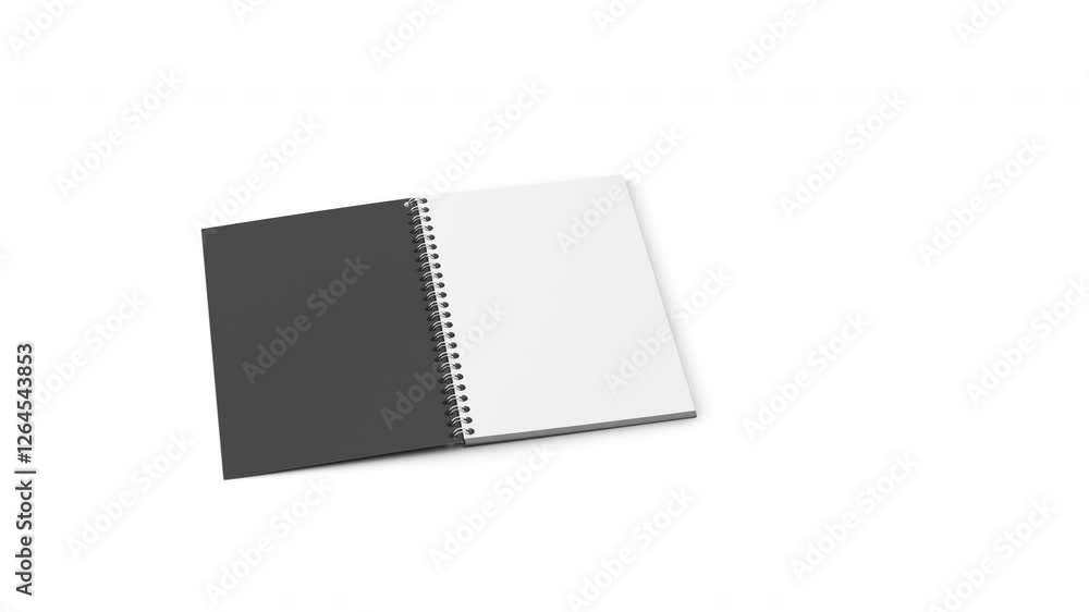 4K animation of a spiral-bound notebook opening with smooth page flips ...