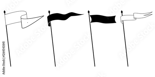 Retro pennant flags, banner pendants and waving blank signs on flagpoles, vector icon. Sport camp or university and varsity royal club pennant flags in white and black line outline or silhouettes
