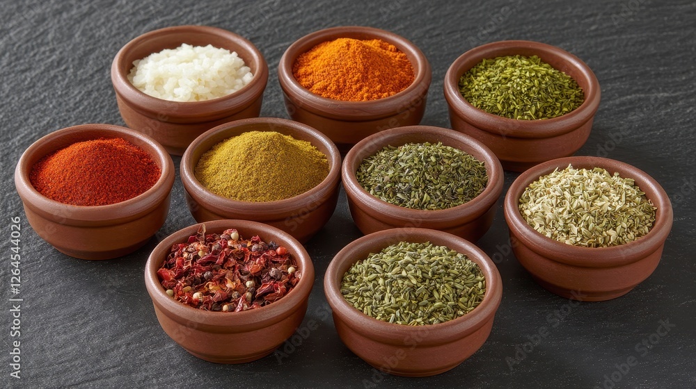 Colorful Array of Spices and Herbs in Bowls on Dark Background Colorful Array of Spices and Herbs in Bowls on Dark Background