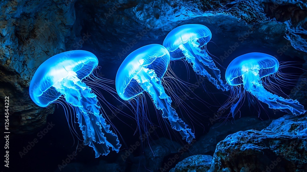 Glowing Jellyfish Swimming in a Dark Underwater Cave with Ethereal Blue Light Effects Glowing Jellyfish Swimming in a Dark Underwater Cave with Ethereal Blue Light Effects