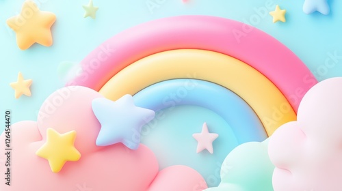 Colorful rainbow and pastel clouds with stars in a dreamy sky for magical backgrounds, childrens designs, nursery decor, and playful themes.