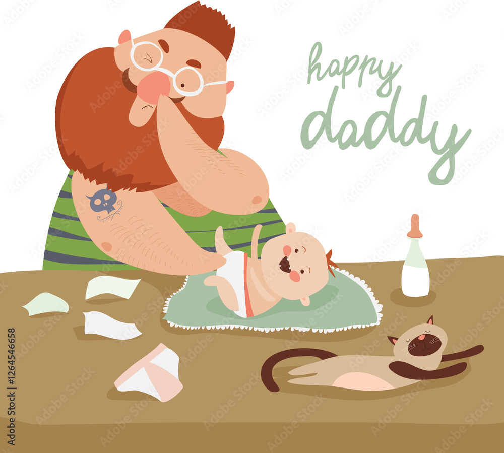 Funny dad changing diaper baby. Vector illustration