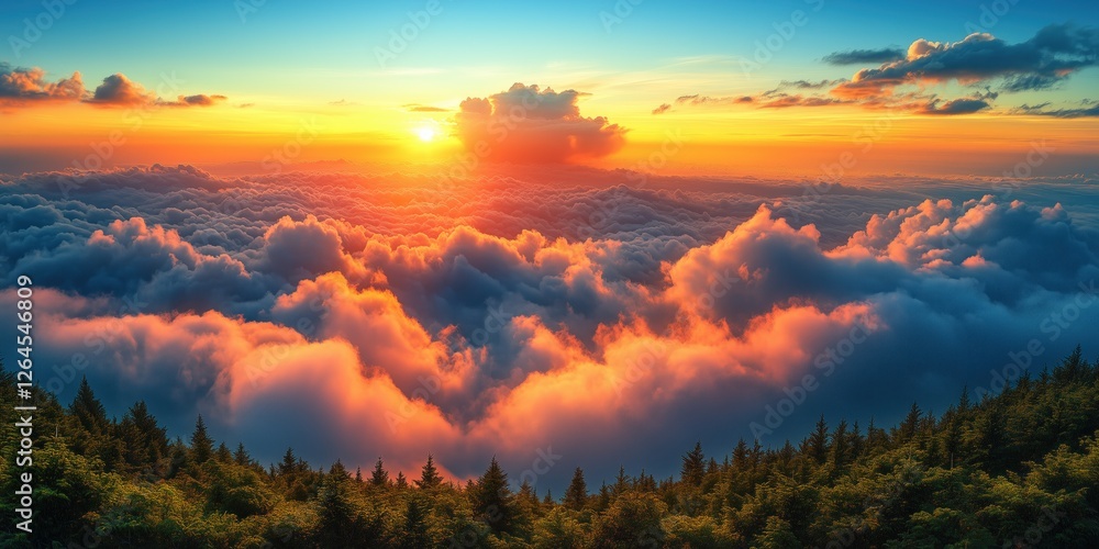 Fototapeta premium Beautiful mountain views in the rainy season, green vegetation covers the hills and a sea of mist rises from the valley