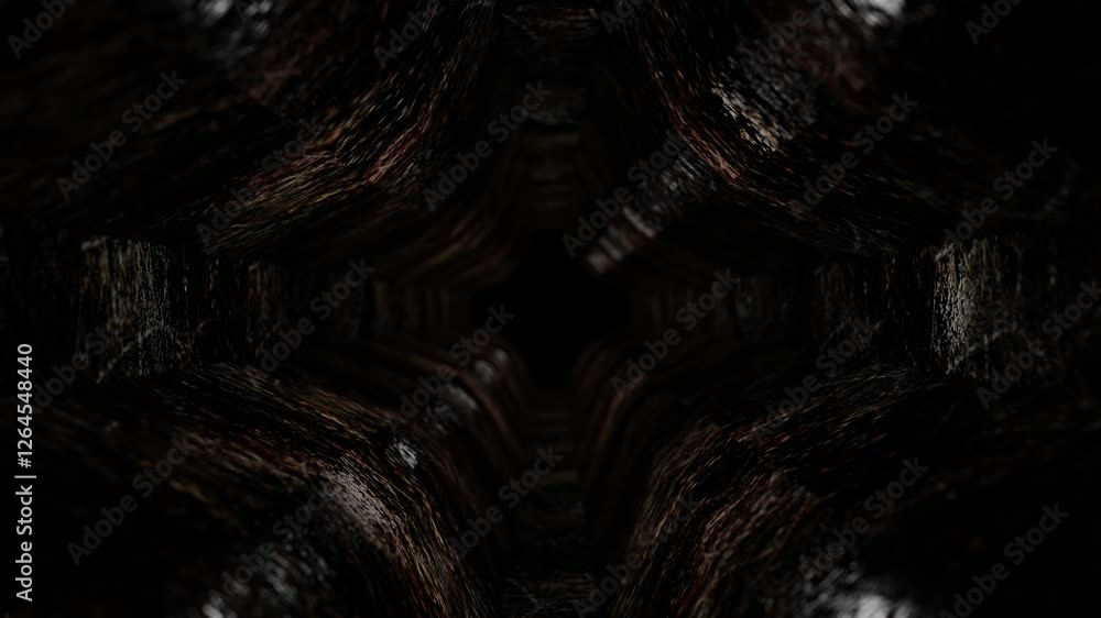 moving forward inside dark abstract corridor of strange shape with old texture. 3d render looped animation.