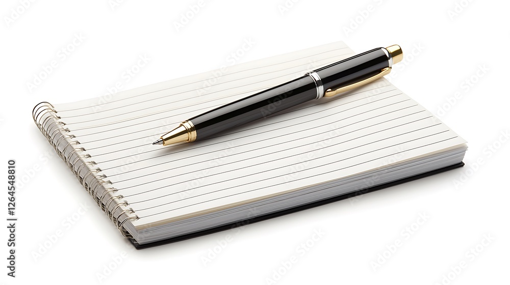 Elegant Black Pen Resting on Blank Spiral Notepad with Clean Lines, Ideal for Writing and Notes Elegant Black Pen Resting on Blank Spiral Notepad with Clean Lines, Ideal for Writing and Notes