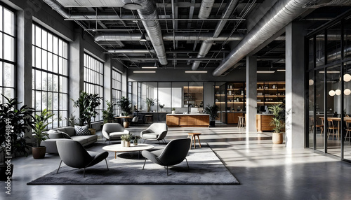 Industrial loft office space, open floor plan, exposed ceiling beams