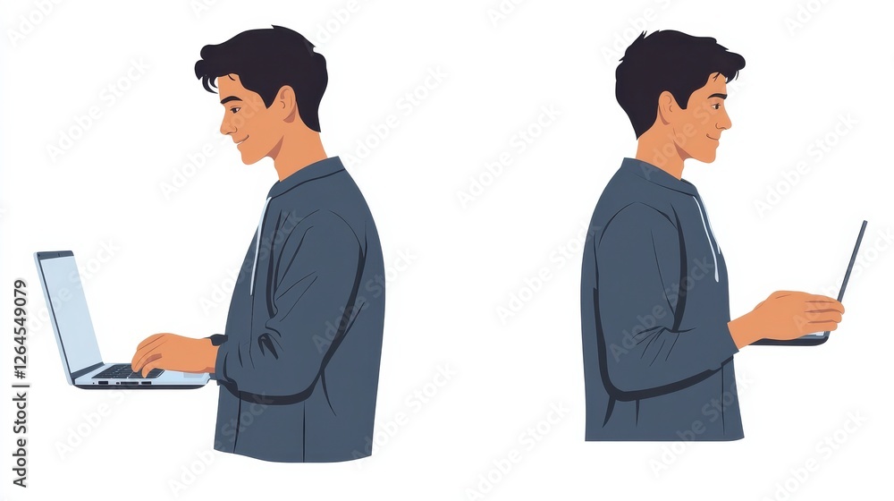 Young businessman working on a loptop. Confident businessman standing with a laptop in hands. Smiling businessman using a loptop. Set of vector flat design illustrations isolated on white background. Young businessman working on a loptop. Confident businessman standing with a laptop in hands. Smiling businessman using a loptop. Set of vector flat design illustrations isolated on white background.