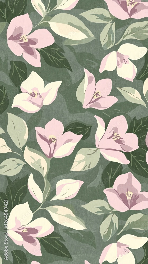Delicate floral pattern featuring soft pink flowers and green leaves on a muted background Delicate floral pattern featuring soft pink flowers and green leaves on a muted background