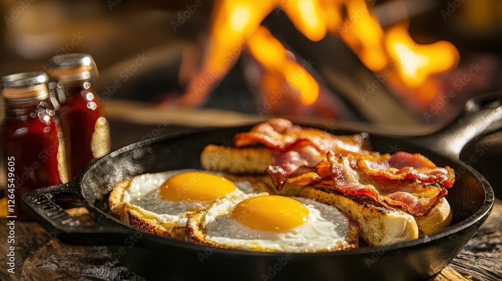 Fototapeta premium Delicious breakfast skillet with fried eggs, crispy bacon, and toasted bread by a warm campfire, perfect for outdoor cooking lovers.