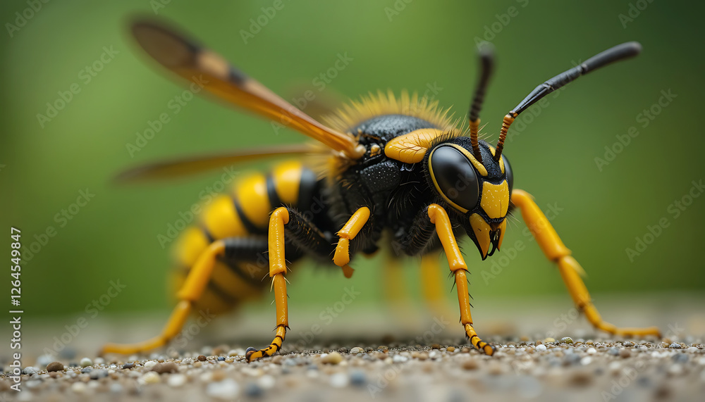 Detailed macro shot of a yellow jacket wasp displaying vibrant colors and clear details, showcasing its anatomy and intricate texture, placed against a subtle green natural background. Detailed macro shot of a yellow jacket wasp displaying vibrant colors and clear details, showcasing its anatomy and intricate texture, placed against a subtle green natural background.