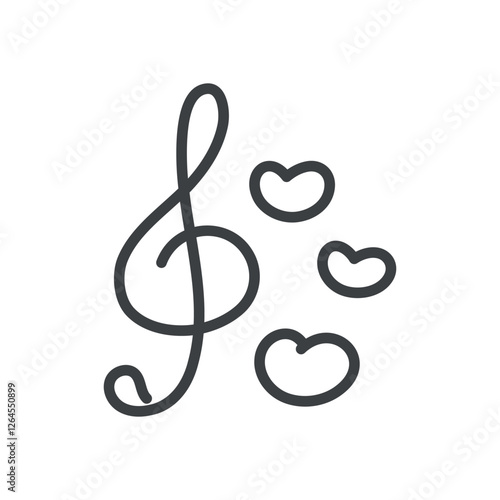 Cute treble clef icon. Hand drawn monochrome illustration of a musical symbol and three little hearts isolated on a white background. Love music concept. Abstract romantic emoji. Vector 10 EPS.