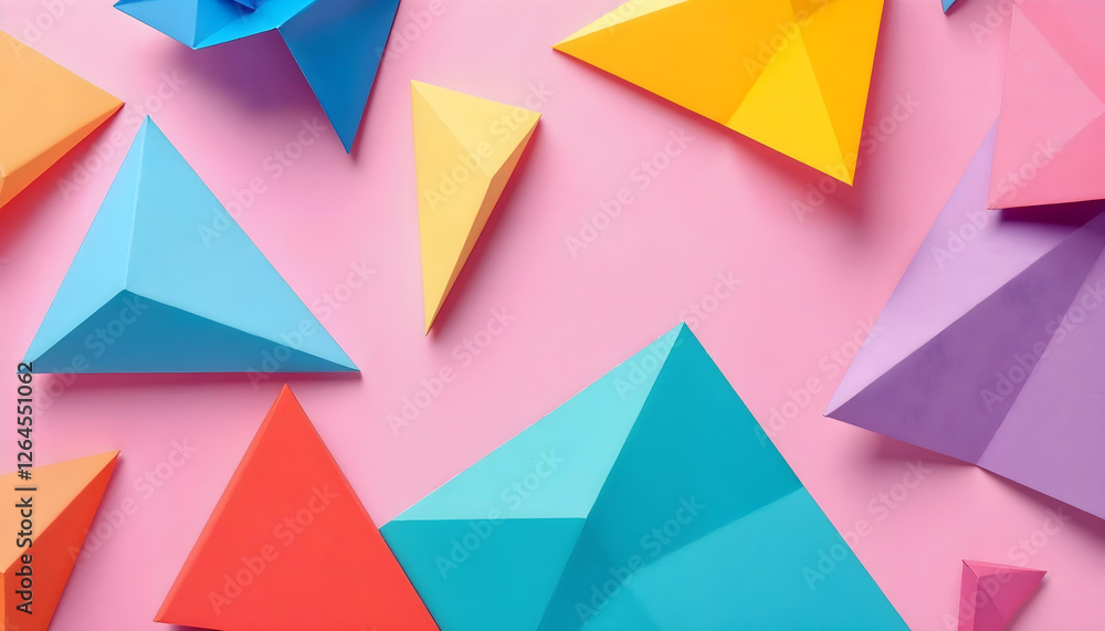 Colorful paper triangles, Geometric shapes, Pastel background Colorful paper triangles, Geometric shapes, Pastel background