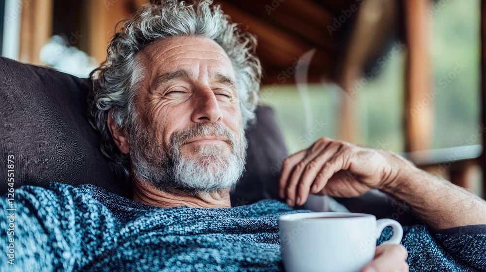 Relaxed senior man enjoying hot drink on porch Relaxed senior man enjoying hot drink on porch