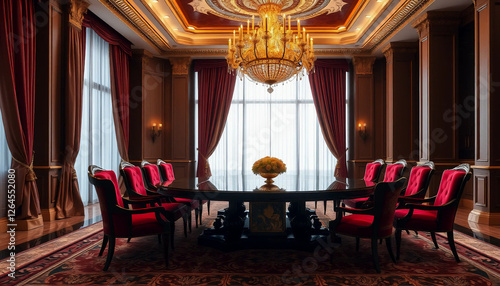 A palatial dining space showcasing a grand ebony dining table with gold and mother-of-pearl inlays. The rich burgundy velvet chairs exude comfort and elegance, while towering windows draped in luxurio photo