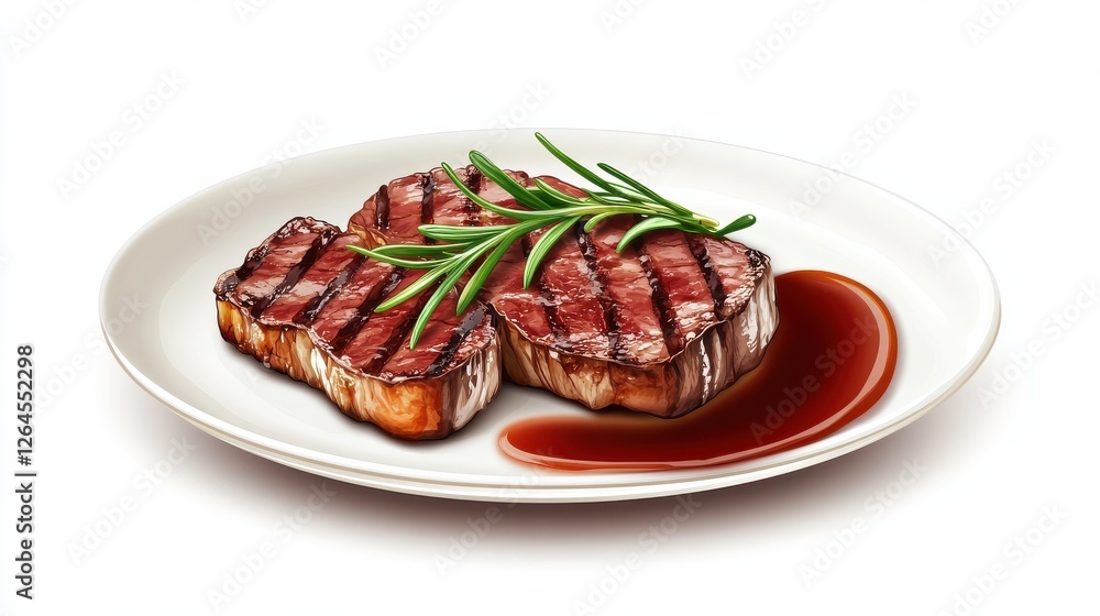 Grilled steak with rosemary and sauce on a white plate.