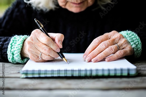 Elderly hands delicately holding pen, capturing thoughts on blan