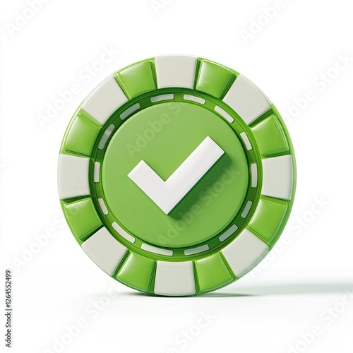 Green casino chip with checkmark on white background photo