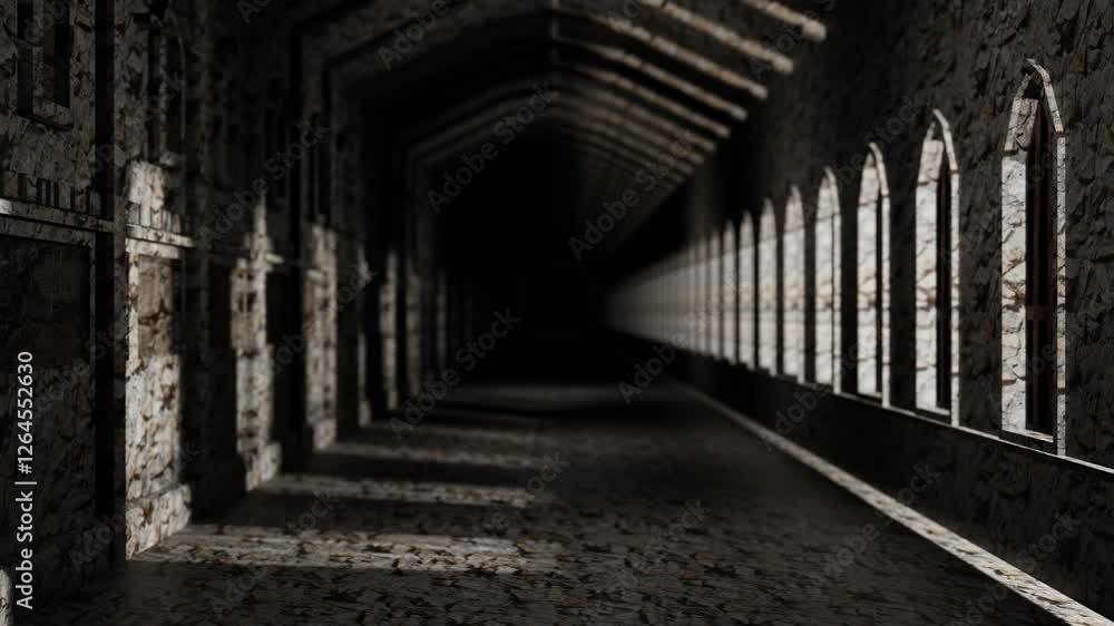 endless forward movement inside a gray concrete block fortress with windows. 3d render looped animation. endless forward movement inside a gray concrete block fortress with windows. 3d render looped animation.