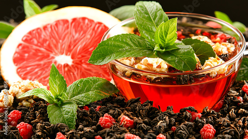 Refreshing Citrus and Herbal Tea Infusion with Grapefruit and Mint Leaves Arrangement Style