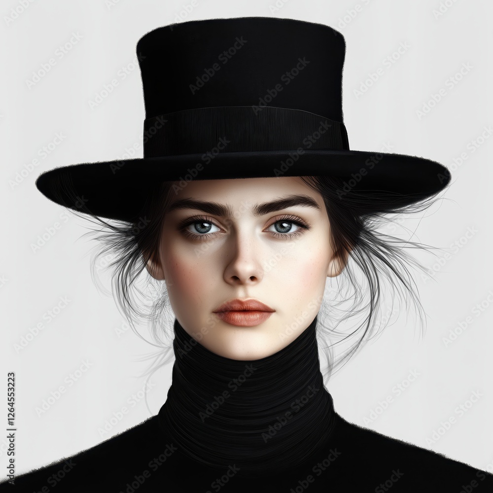 Random woman wearing a stylish black hat and elegant outfit with minimal features and striking facial expression Random woman wearing a stylish black hat and elegant outfit with minimal features and striking facial expression