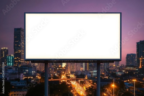 Blank white road billboard with Bangkok cityscape background at night time. Street advertising poster, mock up, 3D rendering. Front view. The concept of marketing communication to promote idea.