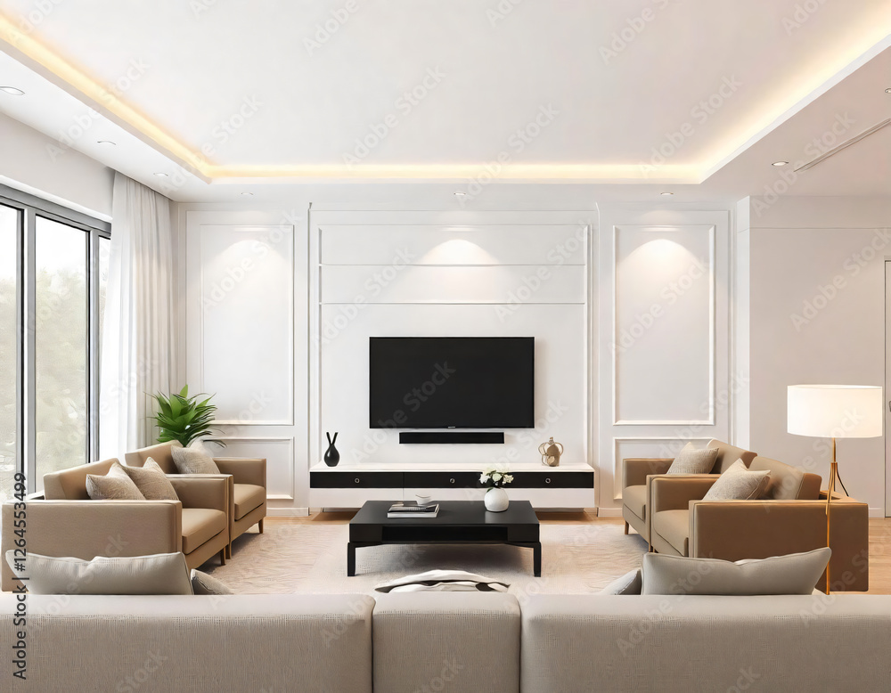 A Tv cabinet design with modern classic wall paneling style and sofa set. A Tv cabinet design with modern classic wall paneling style and sofa set.