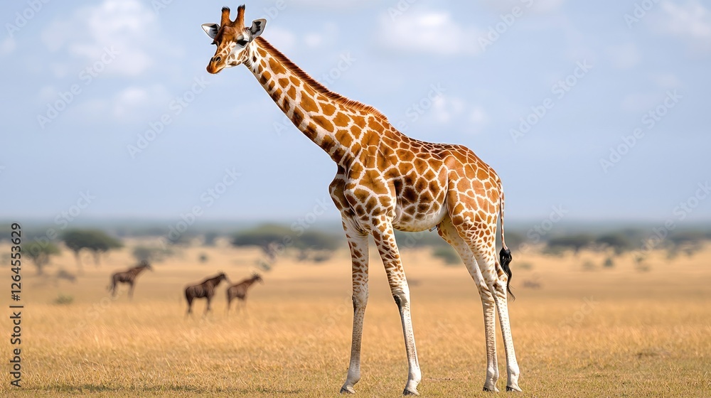 Obraz premium Giraffe grazing in serengeti national park wildlife photography natural habitat open grassland wide angle view animal behavior