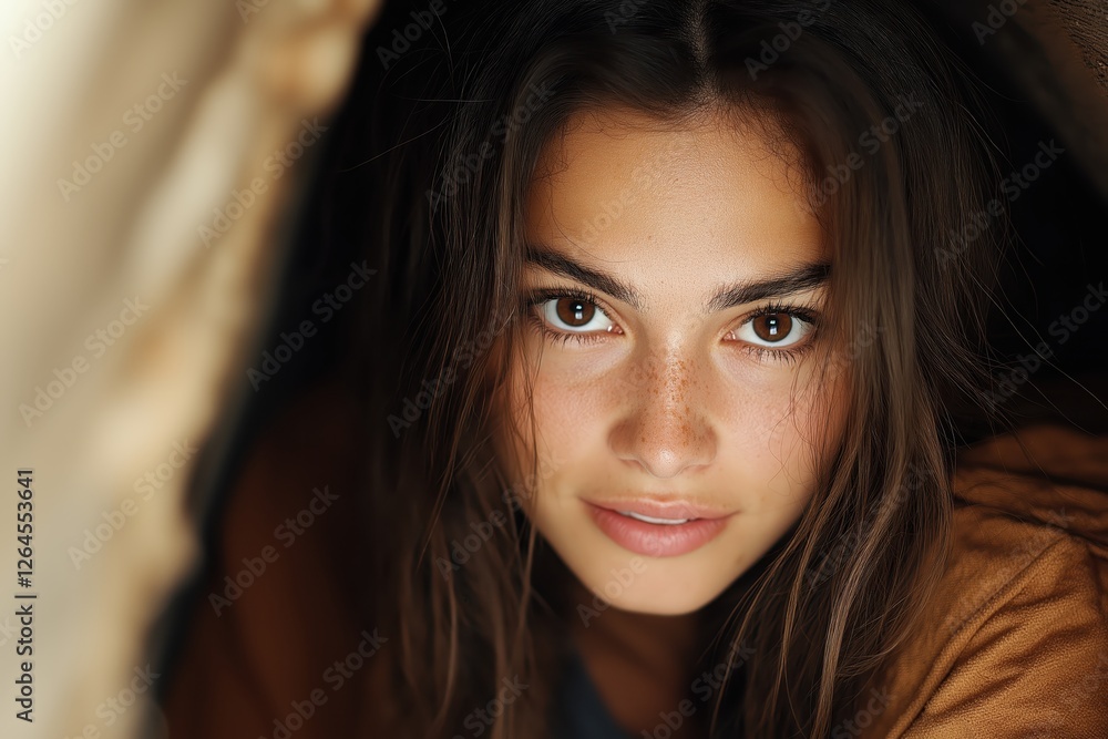 Random woman with beautiful brown eyes smiling softly in a dimly lit space during the day Random woman with beautiful brown eyes smiling softly in a dimly lit space during the day
