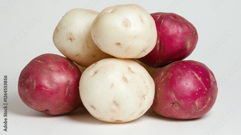 A pile of red and white potatoes arranged aesthetically on a white background. A pile of red and white potatoes arranged aesthetically on a white background.
