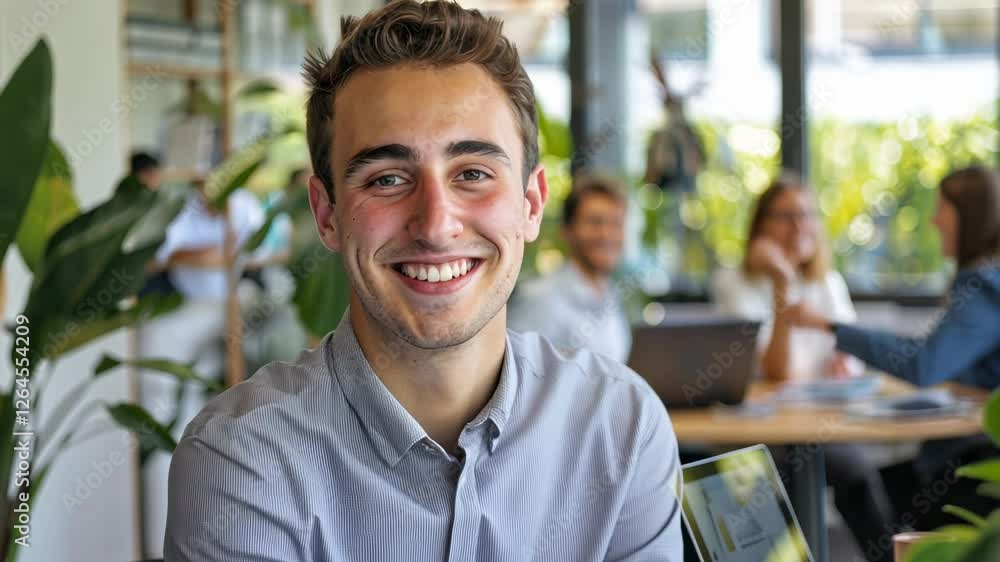 Young smiling professional man working in a modern office environment with laptop, coffee cup, and colleagues collaborating in the background, embodying productivity and teamwork Young smiling professional man working in a modern office environment with laptop, coffee cup, and colleagues collaborating in the background, embodying productivity and teamwork