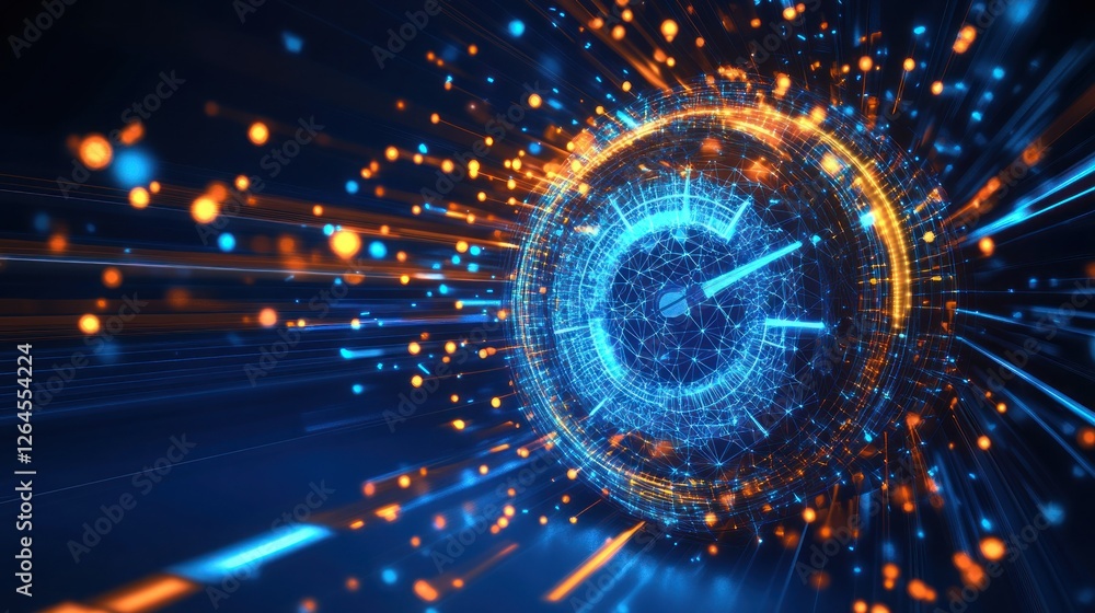 Fototapeta premium Futuristic clock speeding through digital space.