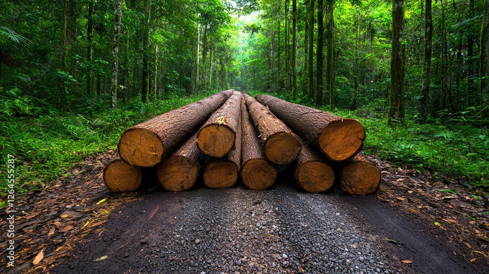 Logging activity in lush forest nature scene roadside view sustainable wood harvesting concept Logging activity in lush forest nature scene roadside view sustainable wood harvesting concept