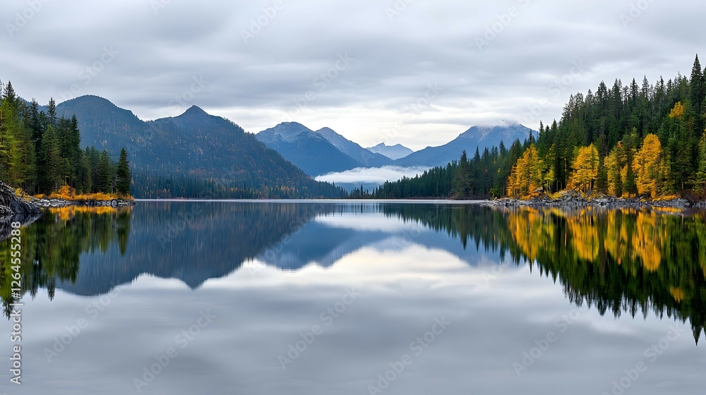 Serene Autumn Lake Reflection in Mountain Valley Serene Autumn Lake Reflection in Mountain Valley