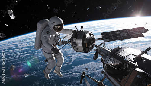 Fototapeta Naklejka Na Ścianę i Meble -  a skilled astronaut in advanced space gear repairing a damaged satellite