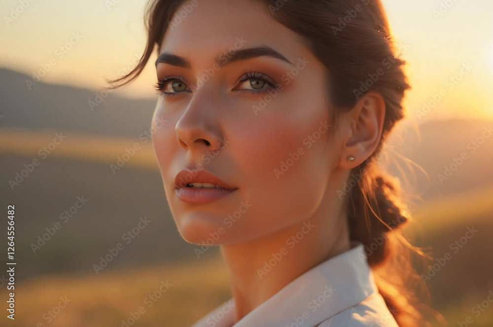Captivating Portrait of a Woman Gazing into the Distance, Bathed in Warm Golden Sunset Light with a Serene Landscape in the Background Captivating Portrait of a Woman Gazing into the Distance, Bathed in Warm Golden Sunset Light with a Serene Landscape in the Background