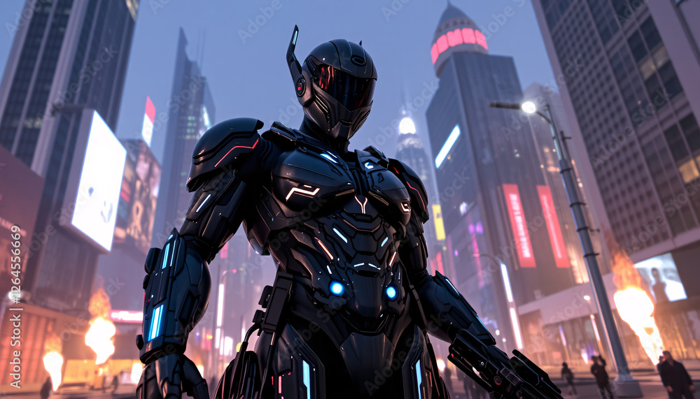 A futuristic bounty hunter clad in advanced cybernetic armor A futuristic bounty hunter clad in advanced cybernetic armor