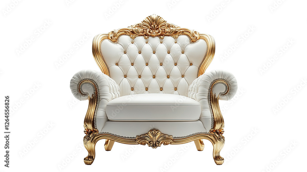 Regal Armchair: A luxurious, ornate armchair, upholstered in creamy white with exquisite golden detailing, evoking a sense of opulence and classic elegance. Regal Armchair: A luxurious, ornate armchair, upholstered in creamy white with exquisite golden detailing, evoking a sense of opulence and classic elegance.
